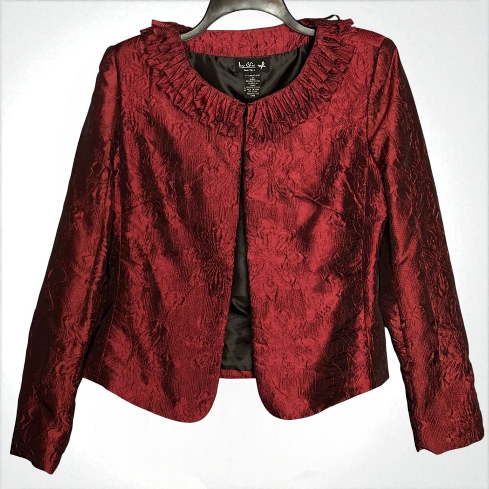 Vintage Ivy Chic New York Red Textured Satin Cocktail Jacket Size M Holiday Glam